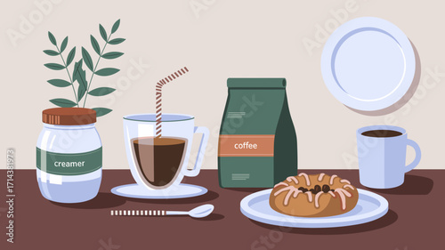 Vector illustration of coffee with pastry and creamer – Great for food blogs, café branding, or cozy morning lifestyle content
