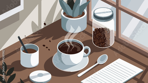 Vector illustration of morning coffee routine with soft shadows – Great for lifestyle blogs, food branding, or morning ritual content