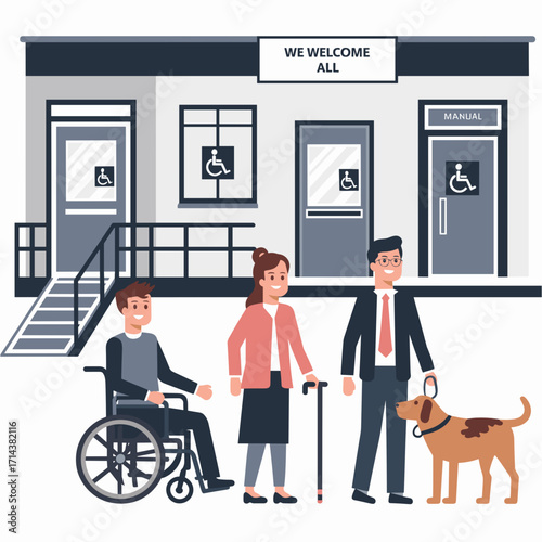Flat vector illustration of people with disabilities in front of accessible building with ramp and signage – Perfect for accessibility campaigns, diversity content, or inclusion branding