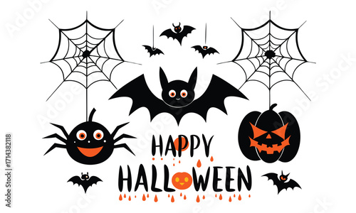 Whimsical halloween illustration featuring a friendly bat a spooky spider a carved pumpkin and dangling spiderwebs with flying bats and the text happy halloween