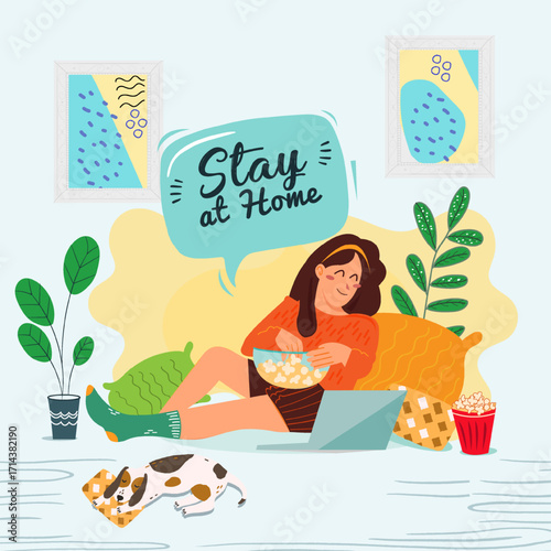 Stay home during coronavirus epidemic. Staying at home in self quarantine, protection from virus. Social Media Post Template