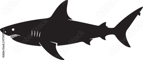  Black silhouette of a shark on a white background, vector style