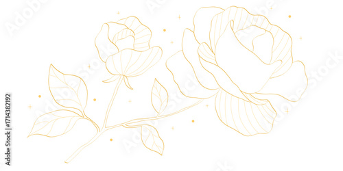 golden line art rose with stem and leaves, luxury floral illustration