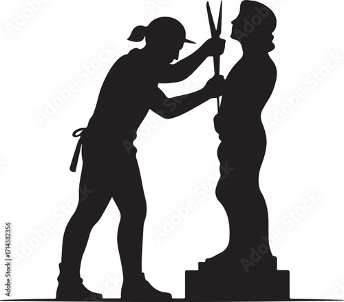 Black silhouette of a sculptor carving statue on a white background, clean style