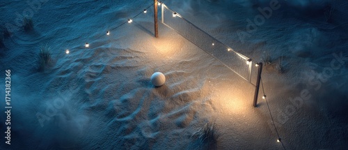A lone ball rests on a sandy court, illuminated by string lights strung along a low net under a twilight sky; a hazy atmosphere adds to the serene, nocturnal setting