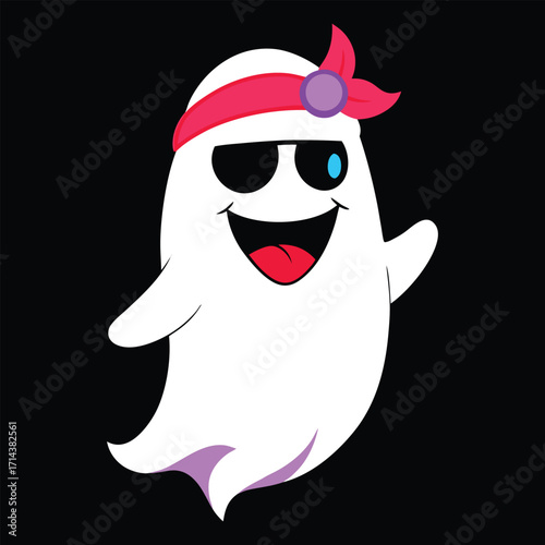 A cheerful cartoon ghost character wearing a red bandana and sunglasses with a purple gem waving its hand and smiling broadly on a black background