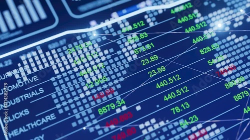 A computer screen shows a graph of stock prices. The numbers on the screen are in red and green