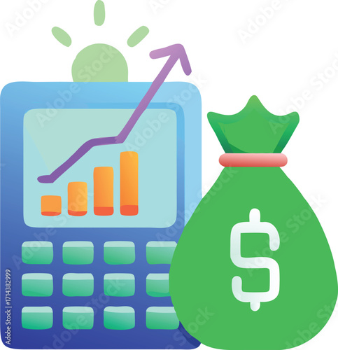 Calculator with growth chart and money bag symbolizing financial success and investment growth vector