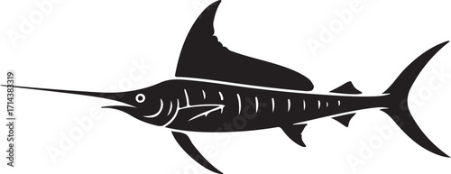  Black silhouette of a swordfish on a white background, minimal style