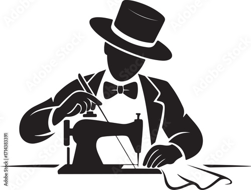 Black silhouette of a tailor sewing on a white background, clean vector
