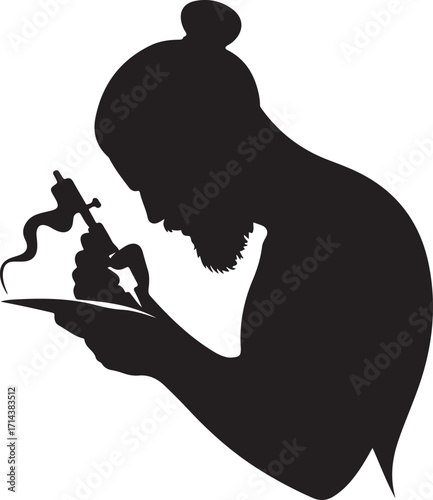 Black silhouette of a tattoo artist on a white background, vector clipart
