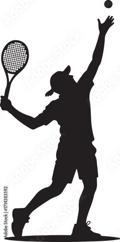 Black silhouette of a tennis player serving on a white background, clean vector