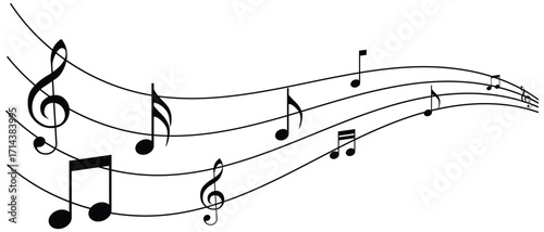 Wave of music melody notes with clef. Music notes background, musical notes. key sign Classic clef Doodle quaver G melody on paper. Musical notes stave line pattern symbols icon. Vector illustration.