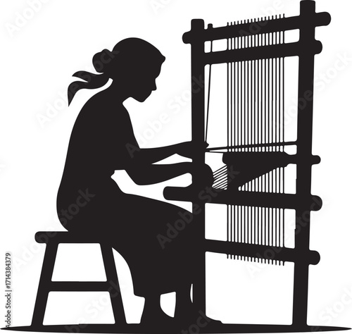 Black silhouette of a weaver working on loom on a white background, minimal design