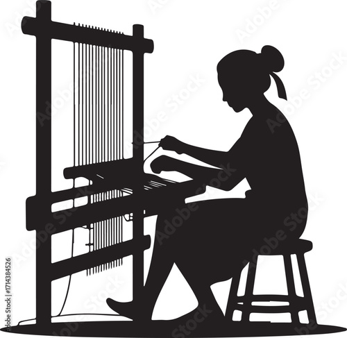  Black silhouette of a weaver working on loom on a white background, minimal design