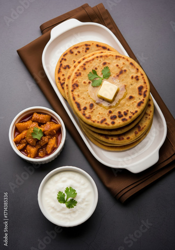 Delicious Stack of Indian Aloo Paratha with Butter, Yogurt, and Mango Pickle.