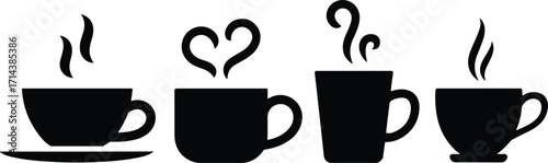 Black coffee cup icons with steaming designs, heart-shaped steam, silhouette vector illustration, hot beverage symbol, cafe logo concept, restaurant branding, and drink artwork