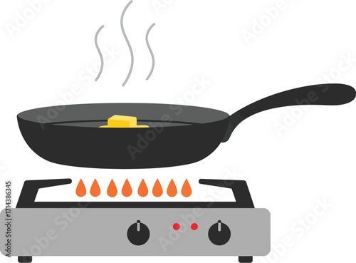 Flat Design Frying Pan with Butter on Stove Top Appliance Kitchen