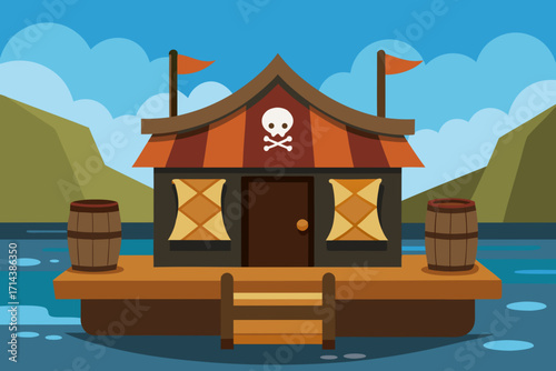 Cartoon pirate tavern dockside vector illustration
