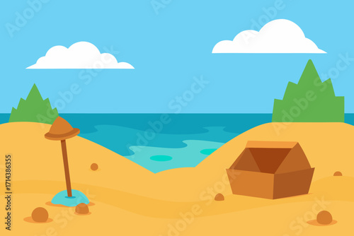 Cartoon treasure dig site on a beach vector illustration