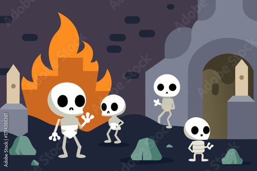 Cartoon skeleton ruins in a cave vector illustration