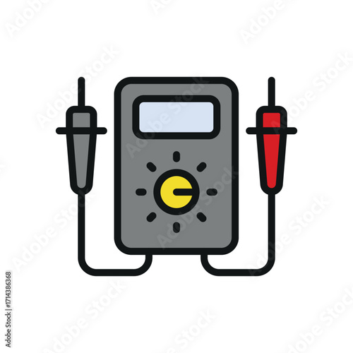 Multimeter voltage tester icon in color with line for repair, diagnostic, and utility tool projects.