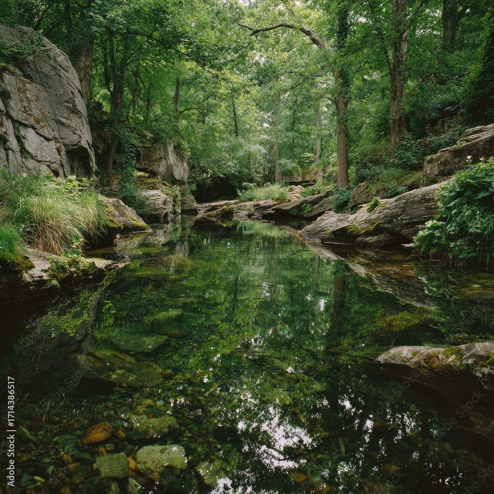 Fototapeta premium Tranquil forest stream reflecting lush canopy