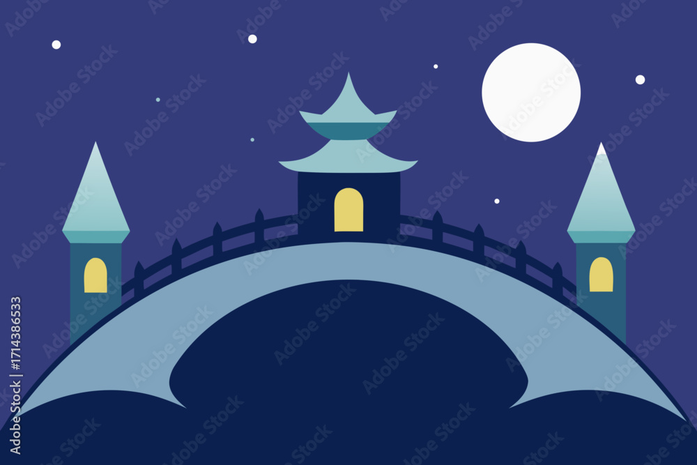 Fototapeta premium Cartoon magical moonlit bridge vector illustration