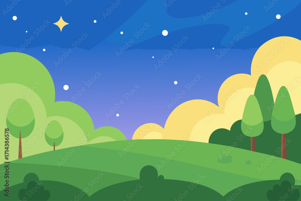 Fototapeta premium Cartoon sparkling starlight meadow vector illustration