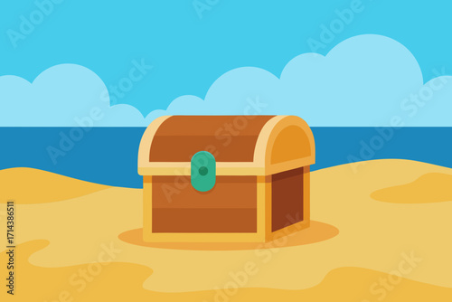 Cartoon treasure chest on a sandy beach vector illustration