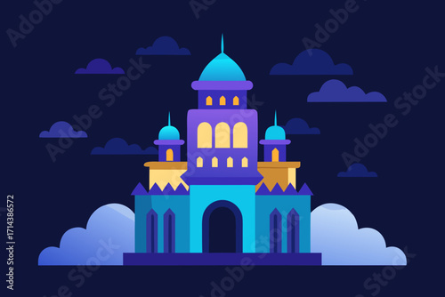 Cartoon glowing cloud palace vector illustration
