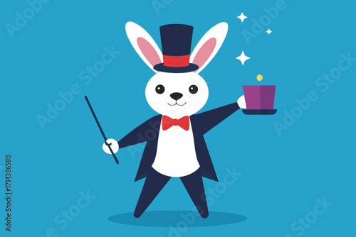 Cartoon magician rabbit trick vector illustration