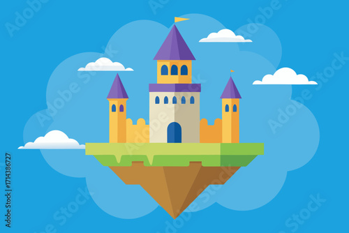 Cartoon floating castle in the sky vector illustration