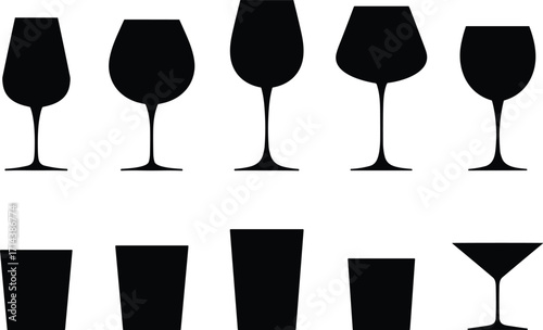 Collection of wine glasses, cocktail glasses, and drinking glass silhouettes, isolated black vector icons, barware design for beverages, alcohol, party, and restaurant use