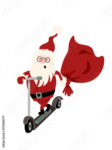 A cheerful Santa  on a scooter isolated holding a large bag of presents