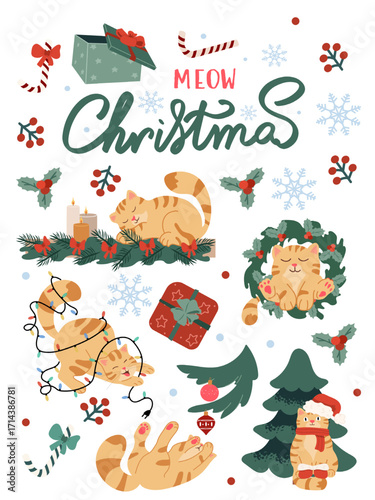 A fun and festive set of illustrations with cute ginger cats in Christmas scenes with wreaths, gift boxes, and festive garlands. Perfect for creating holiday greeting cards