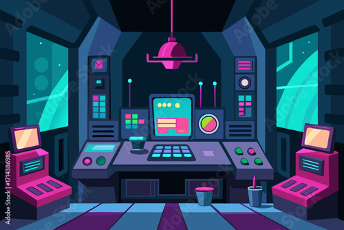 Cartoon cyberpunk control room vector illustration