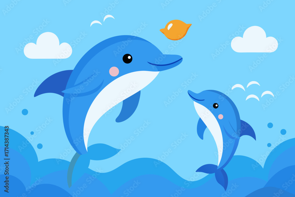 Obraz premium Cartoon dolphins jumping in the ocean vector illustration