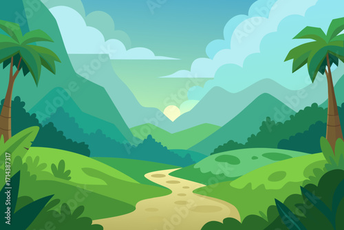 Cartoon jungle misty valley vector illustration