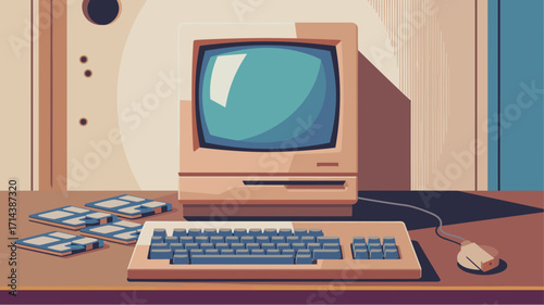 Old-school computer with floppy disks in retro vector illustration – Ideal for technology nostalgia, retro designs, or digital history projects.