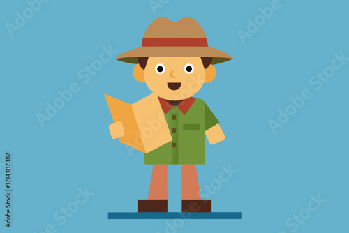 Cartoon explorer camp with a map vector illustration