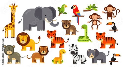 Adorable collection of cute cartoon wild safari animals. Vector illustration set featuring a lion, tiger, elephant, giraffe, monkey, and other jungle creatures