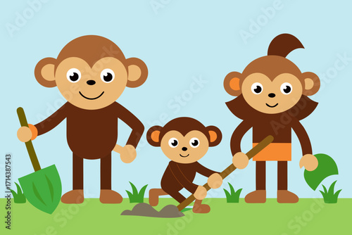 Cartoon monkey family in a clearing vector illustration