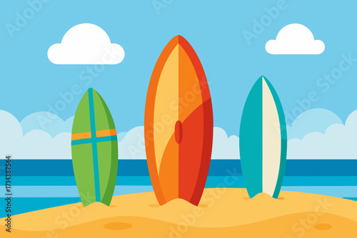 Cartoon surfboards on a sandy beach vector illustration