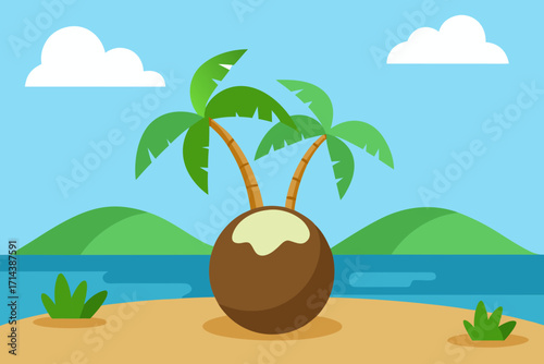Cartoon coconut grove near the shore vector illustration