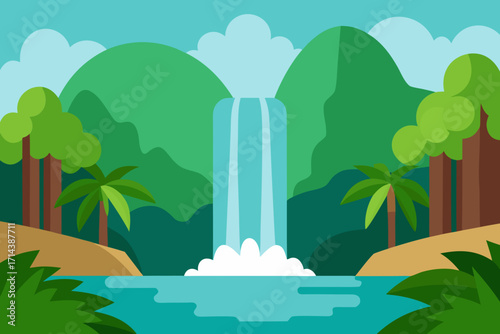 Cartoon waterfall jungle lagoon vector illustration