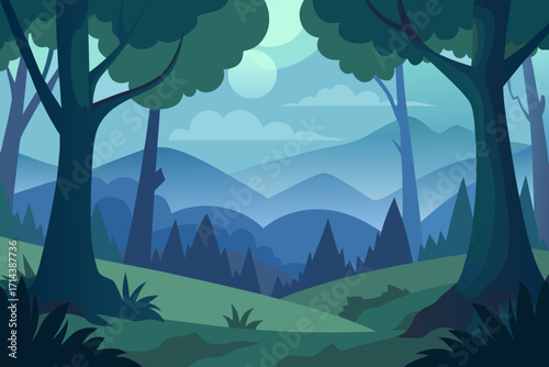 Cartoon misty forest clearing vector illustration
