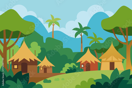Cartoon jungle canopy village vector illustration