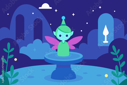 Cartoon fairy fountain in a glade vector illustration