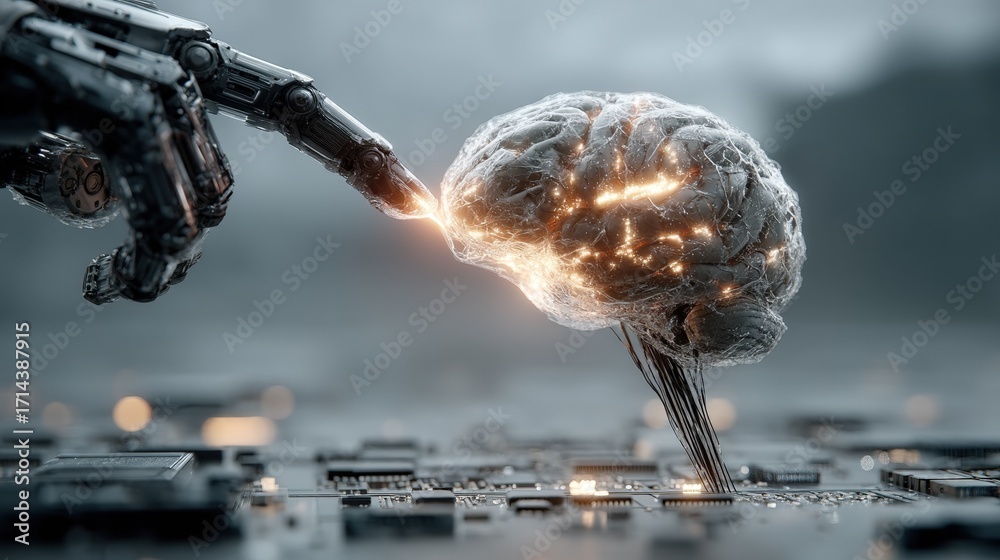 Obraz premium Robotic hand finger touches an active glowing human brain on a detailed circuit board